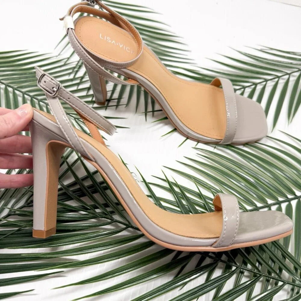 Lisa Vicky Grace Block Heel Sandals Nude Patent Sz 8.5 NWB Strappy Square Toe - Picture 6 of 12